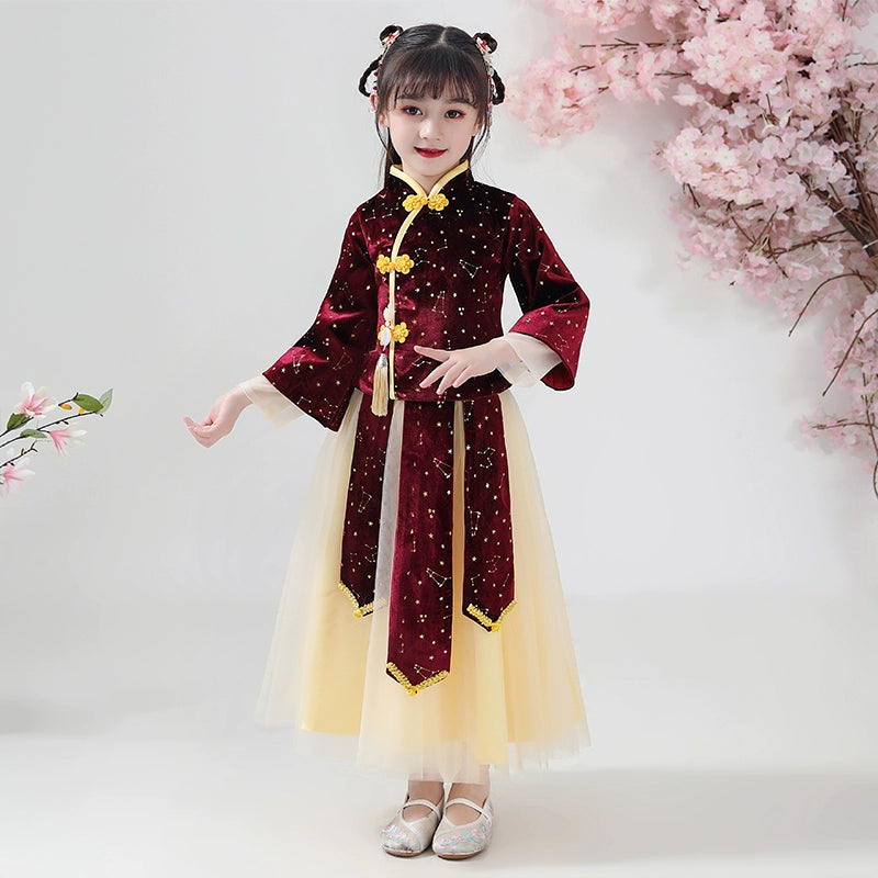 Elegant Girls' Chinese Hanfu Dress Autumn Spring Cheongsam Traditional Performance Outfit