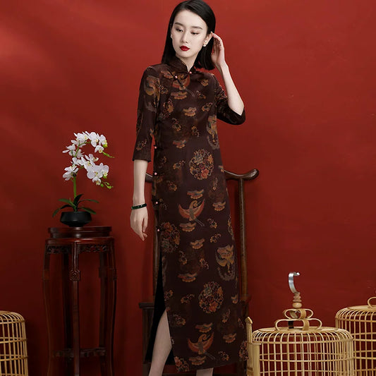 Vintage Chinese Cheongsam Silk Dress with Floral Print High Slit