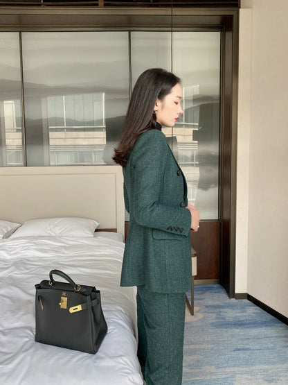 Premium Dark Green Woolen Suit Jacket & Trousers for Women