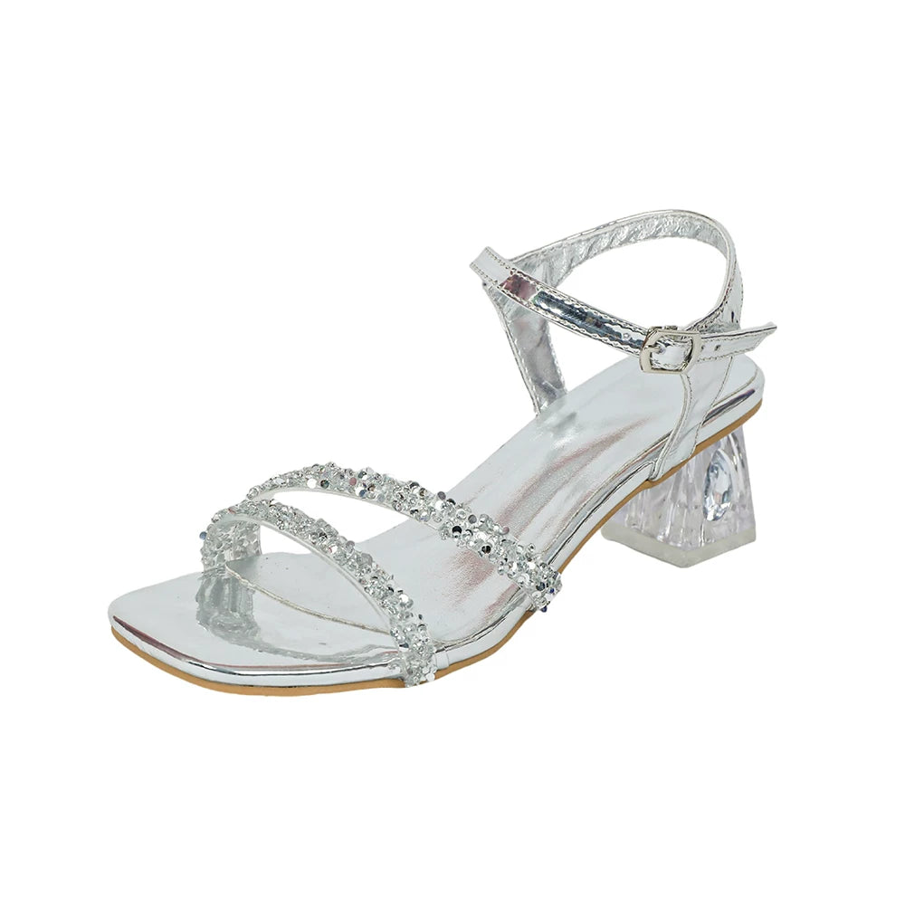 Women's Silver Stiletto Sandals with Thick Heel, Sizes 35-41