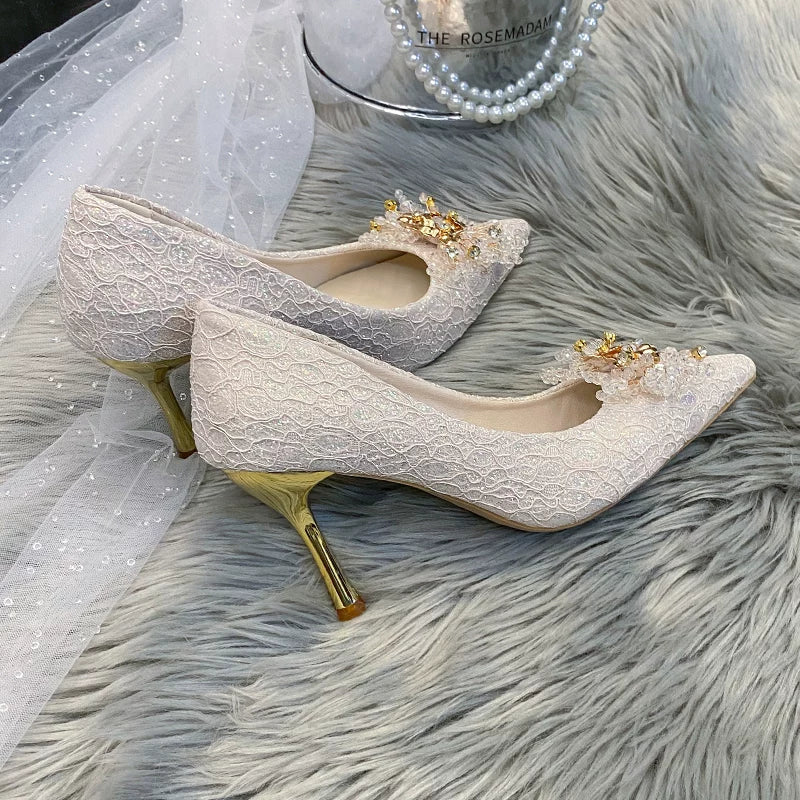 Elegant Champagne Crystal Flower Wedding High Heel Shoes