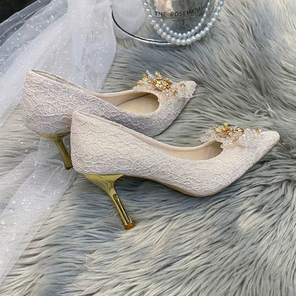 Elegant Champagne Crystal Flower Wedding High Heel Shoes