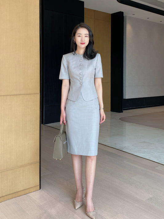 Elegant Light‑Luxury Short‑Sleeve Suit Set with Hip‑Accented Skirt
