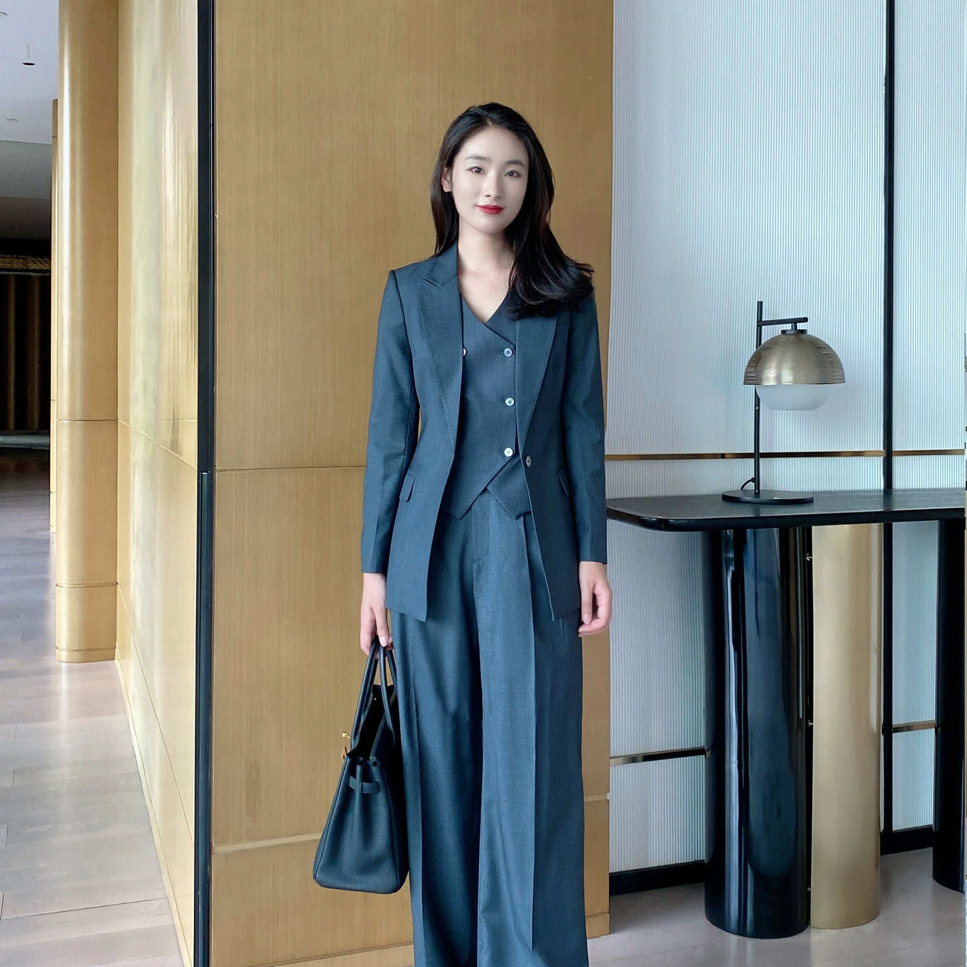 Dark Gray Slim Fit Wool 3-Piece Women's Suit Set