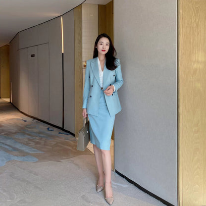 Elegant Celadon Spring Pleated Skirt Suit – Fitted Hip‑Accented