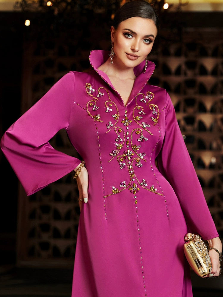 Elegant Rose Pink Long Evening Dress with Crystal Embroidery