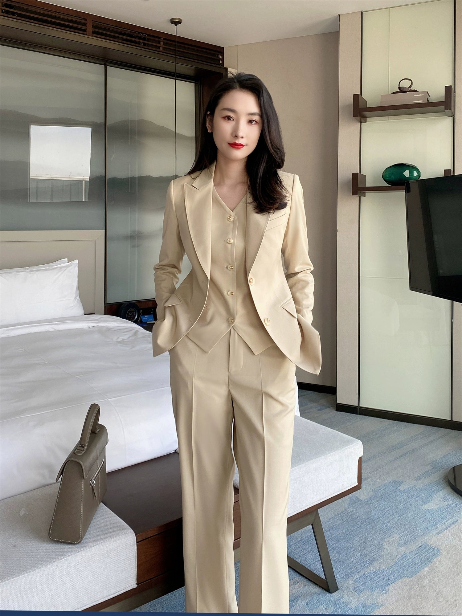Apricot Woolen Women's Suit Set – Vest & Trousers, Slim Straight Fit