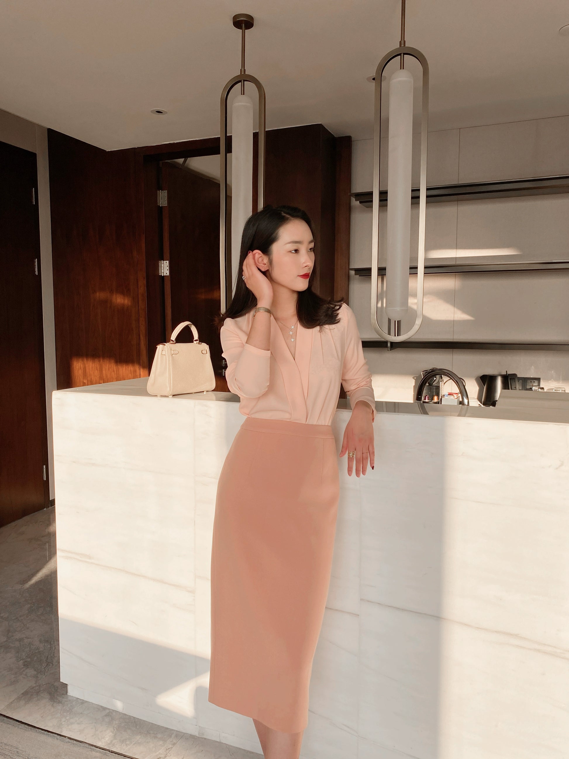 Spring Fuchsia Long-Sleeve V-Neck Loose Fit Elegant Women's Shirt