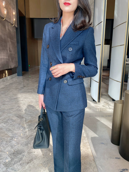 Blue Woolen Classic Suit Jacket with Slim Trousers
