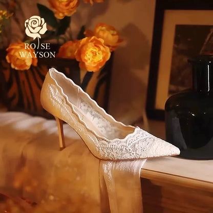White Lace Wedding Stiletto Heels 8cm For Bride