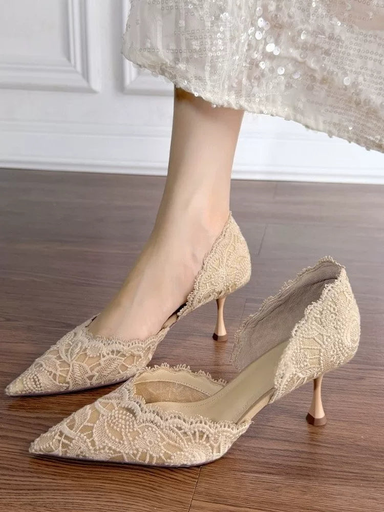 Nude High Heel Wedding Shoes with Lace Hollow Design