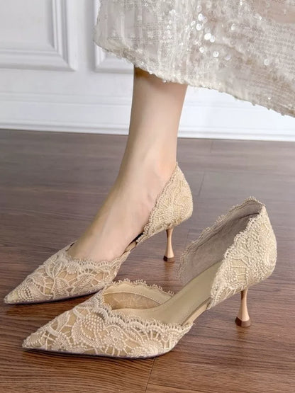 Nude High Heel Wedding Shoes with Lace Hollow Design