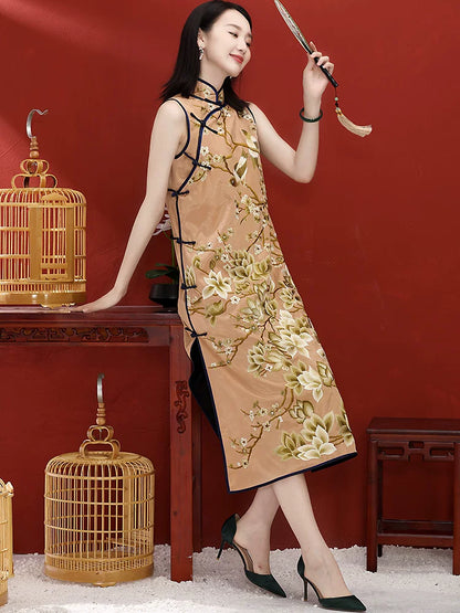 Modern Chinese Long Dress with Jade Orchid Embroidered Mandarin Collar