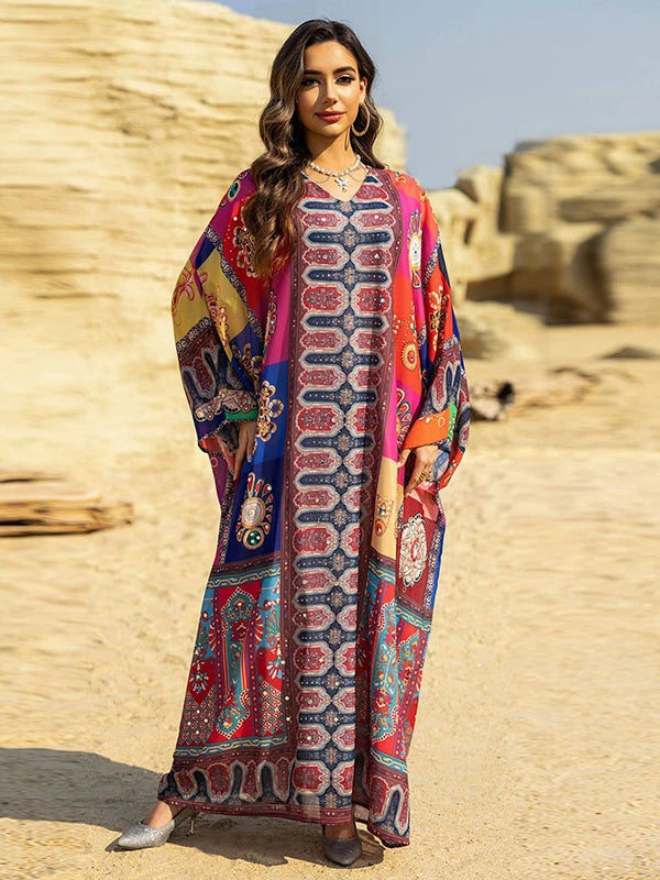 Elegant Ethnic V-Neck Long Skirt Beach Dress Turkish Print