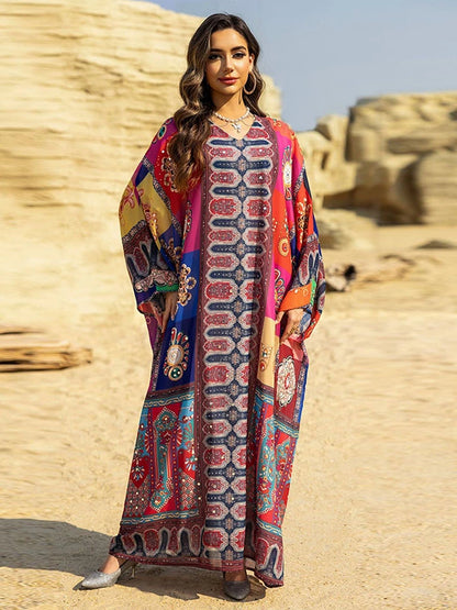Elegant Ethnic V-Neck Long Skirt Beach Dress Turkish Print