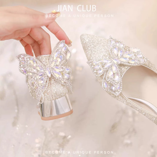 Silver Bridal High Heel Shoes, Mid Heel 3‑5cm, Princess Style