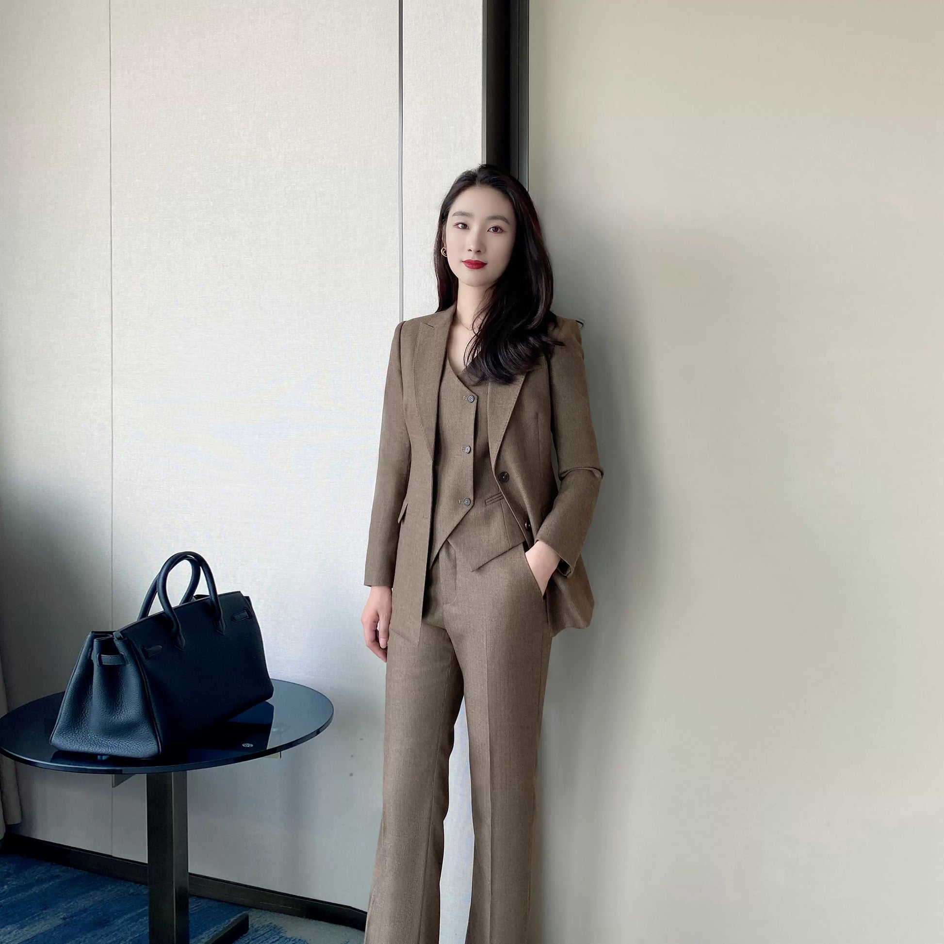 Coffee-Colored Elegant Women's Winter Suit Set – Jacket Vest Flared Trousers