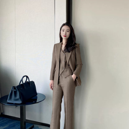 Coffee-Colored Elegant Women's Winter Suit Set – Jacket Vest Flared Trousers