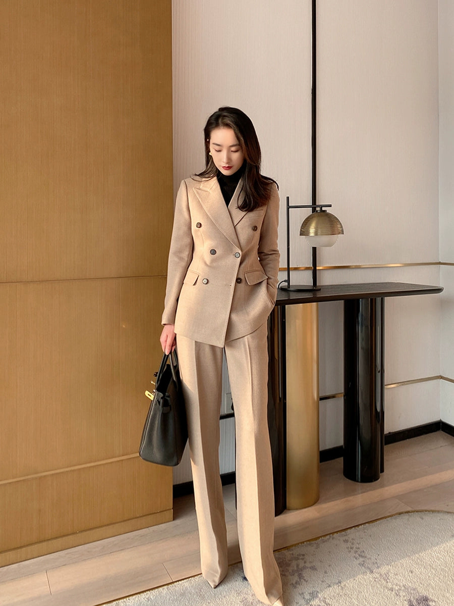 Beige Demi-Season Woolen Women's Suit with Tailored Fit