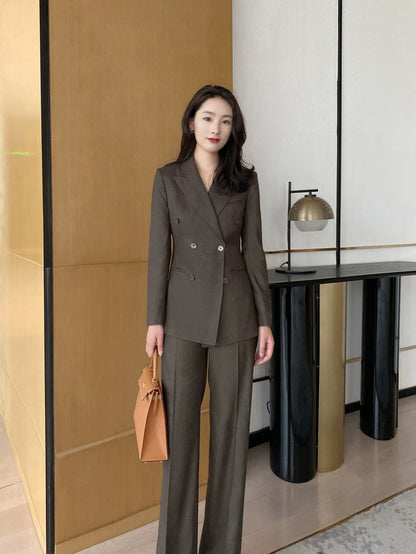 Coffee-Colored Classic Women’s Double-Breasted Suit with Straight Trousers