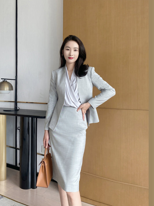 Light Grey Women’s Fitted Business Suit Jacket & Skirt Set