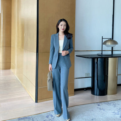 Elegant Grey Demi-Season Women's Suit Jacket Set with Trousers