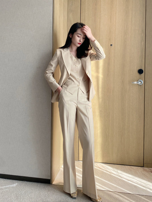 Apricot Woolen Women's Suit Set – Vest & Trousers, Slim Straight Fit
