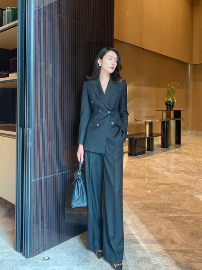 Elegant Black Autumn Suit Set Tailored Jacket and Wide‑Leg Trousers