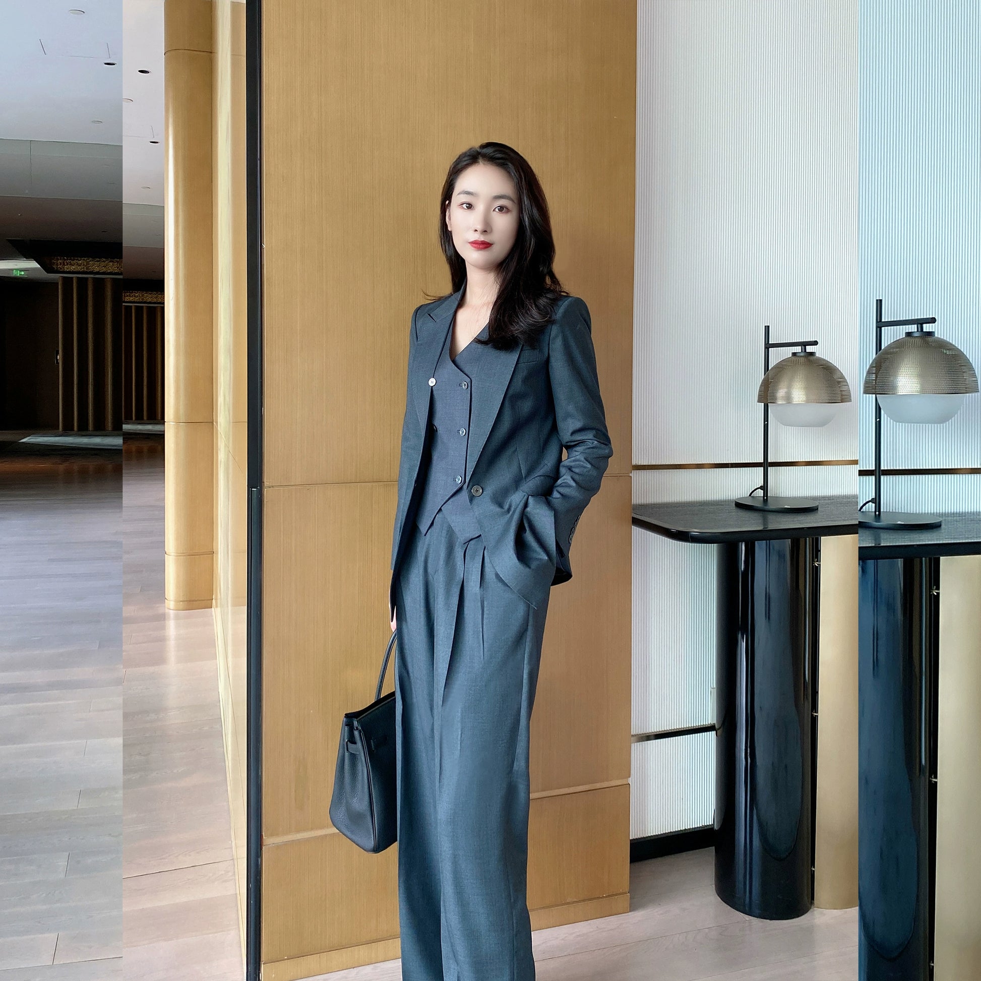 Dark Gray Slim Fit Wool 3-Piece Women's Suit Set