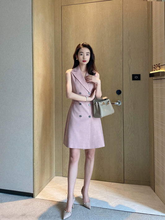 Summer Fuchsia Sleeveless Double-Breasted Suit Jacket with A-Line Skirt