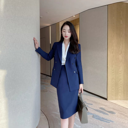 Navy Blue Autumn Classic Business Suit with Fitted Skirt