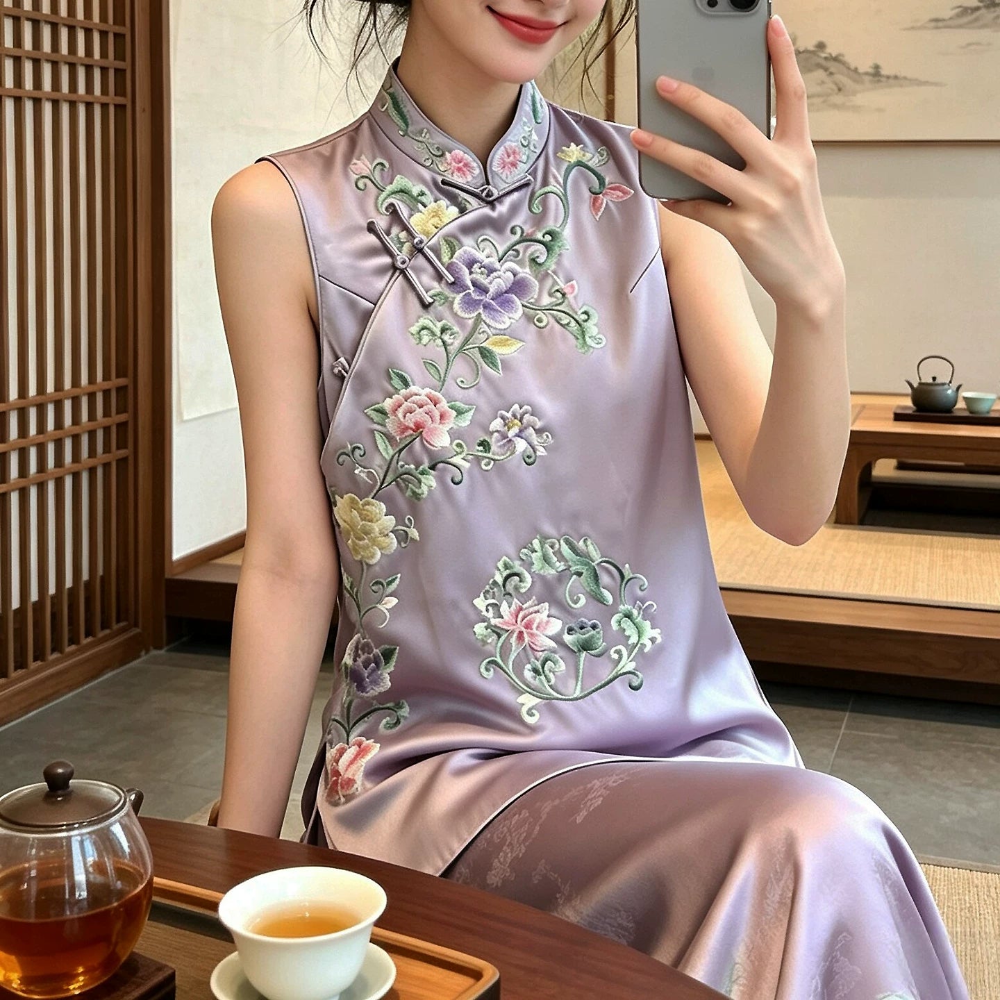 Summer Women’s Acetate Satin Embroidered Vest Slim Fit Stand‑Collar