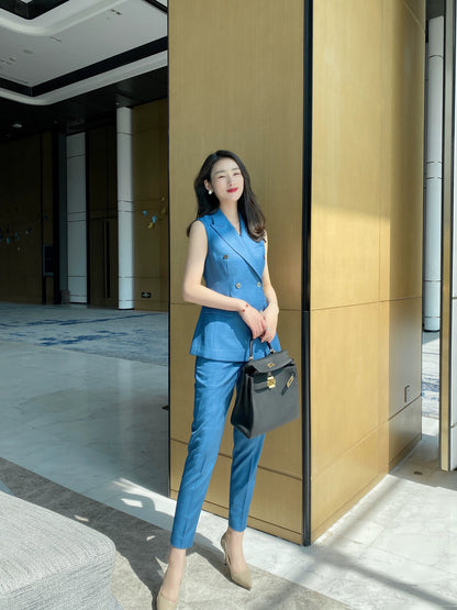 Prussian Blue Summer Thin Suit Set with Sleeveless Vest