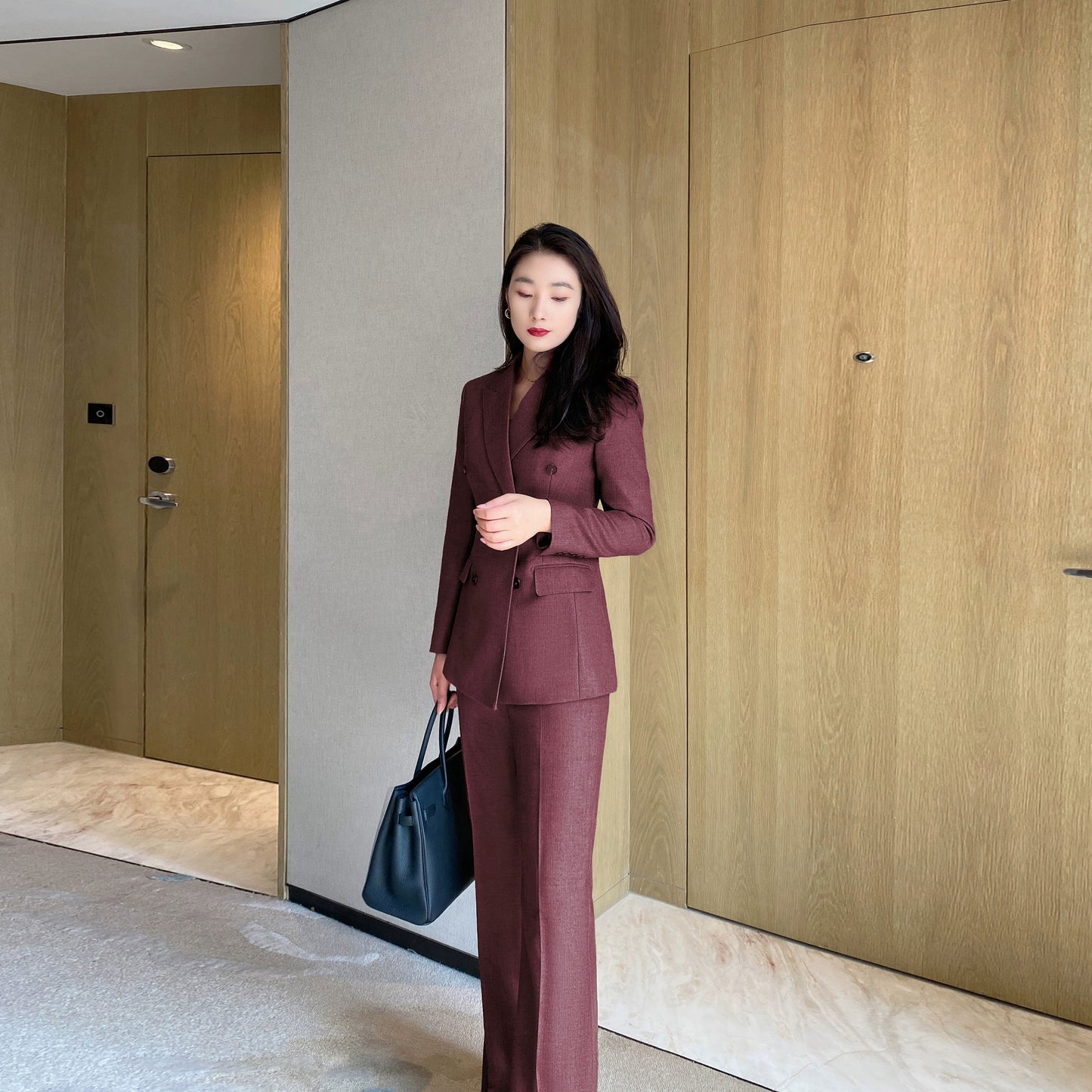 Warm Thickened Herringbone Red Suit with Boot-Cut Trousers