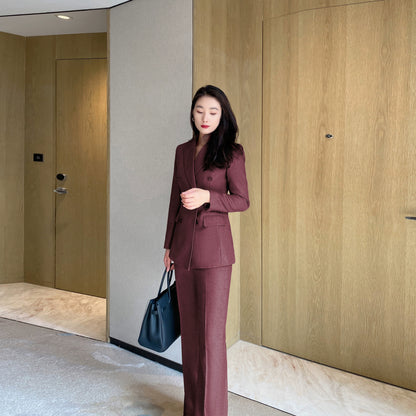 Warm Thickened Herringbone Red Suit with Boot-Cut Trousers