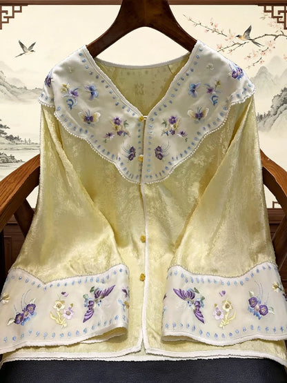 Vintage Women's Open-Front Cardigan with Heavy Embroidery and Cloud Collar