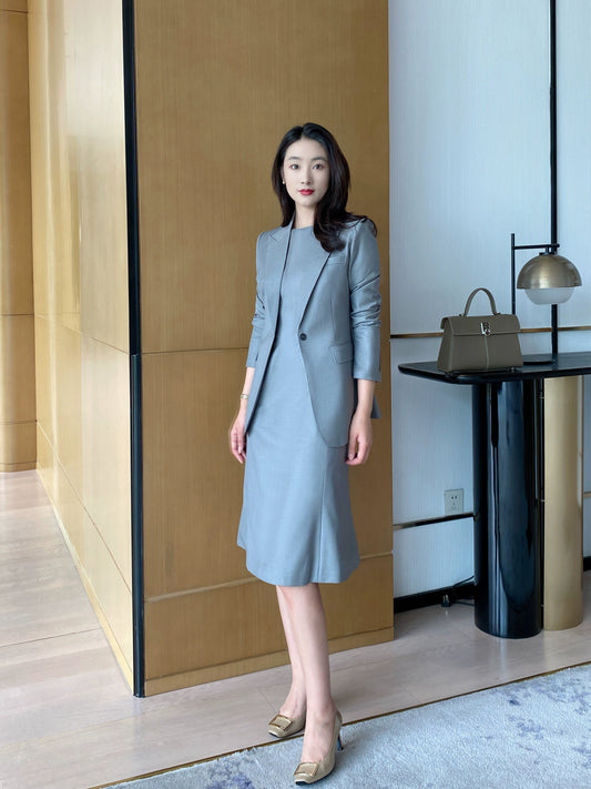 Elegant Light Grey Autumn Suit Jacket with Fish Tail Skirt