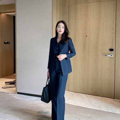 Elegant Blue-Black Women's 3-Piece Tailored Waist-Fitted Suit Set