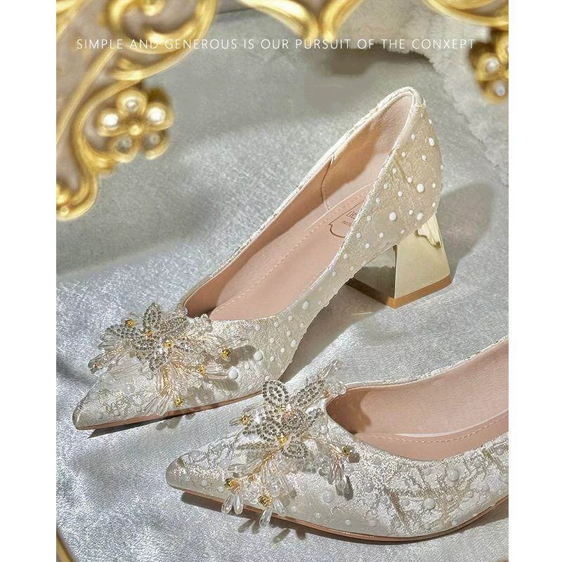 Women's Pointed High Heel Crystal Wedding Shoes, Comfortable Thick Sole