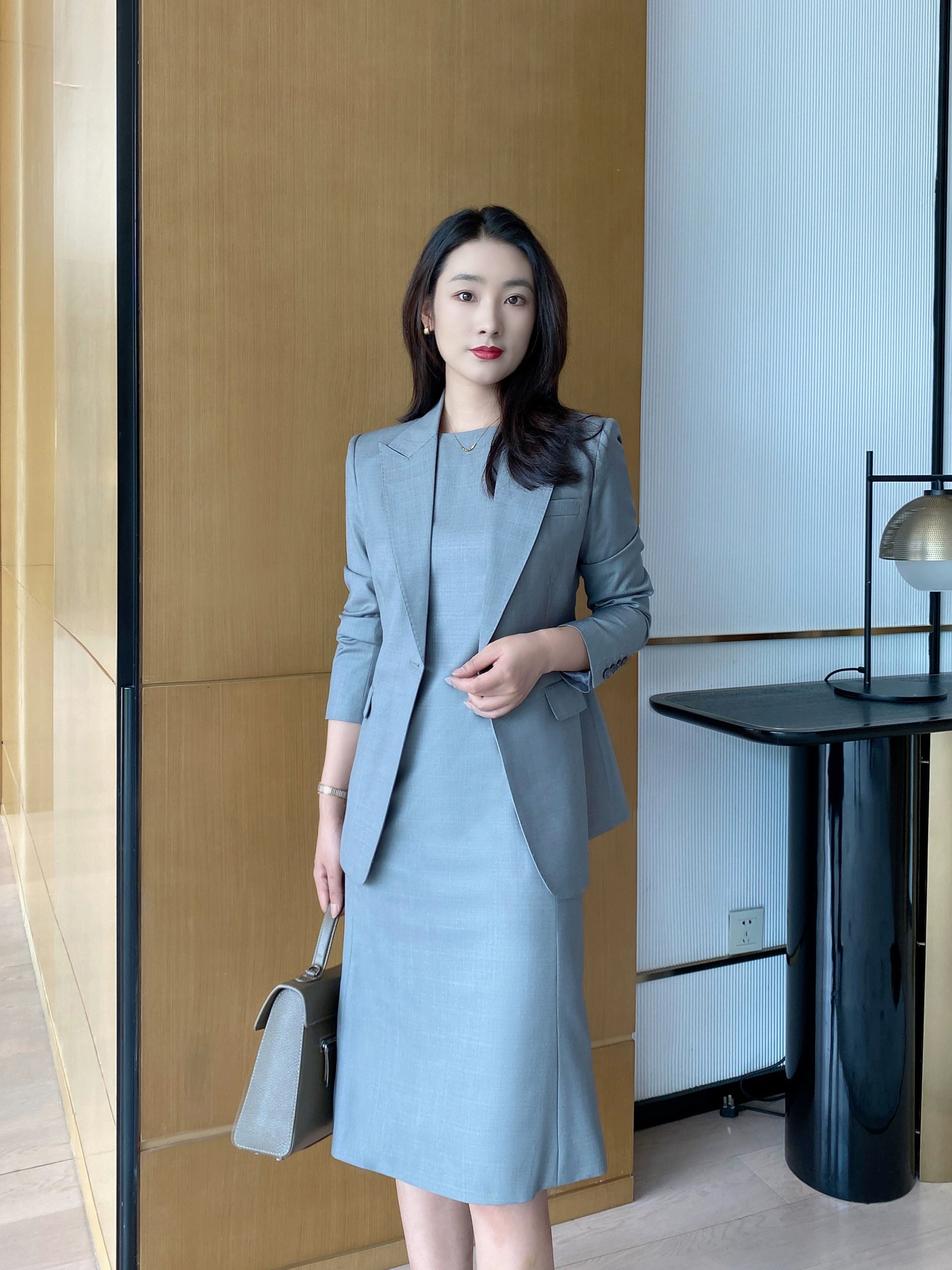 Elegant Light Grey Autumn Suit Jacket with Fish Tail Skirt