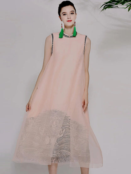 Women's Silk Organza Sleeveless Dress Vintage Summer Style