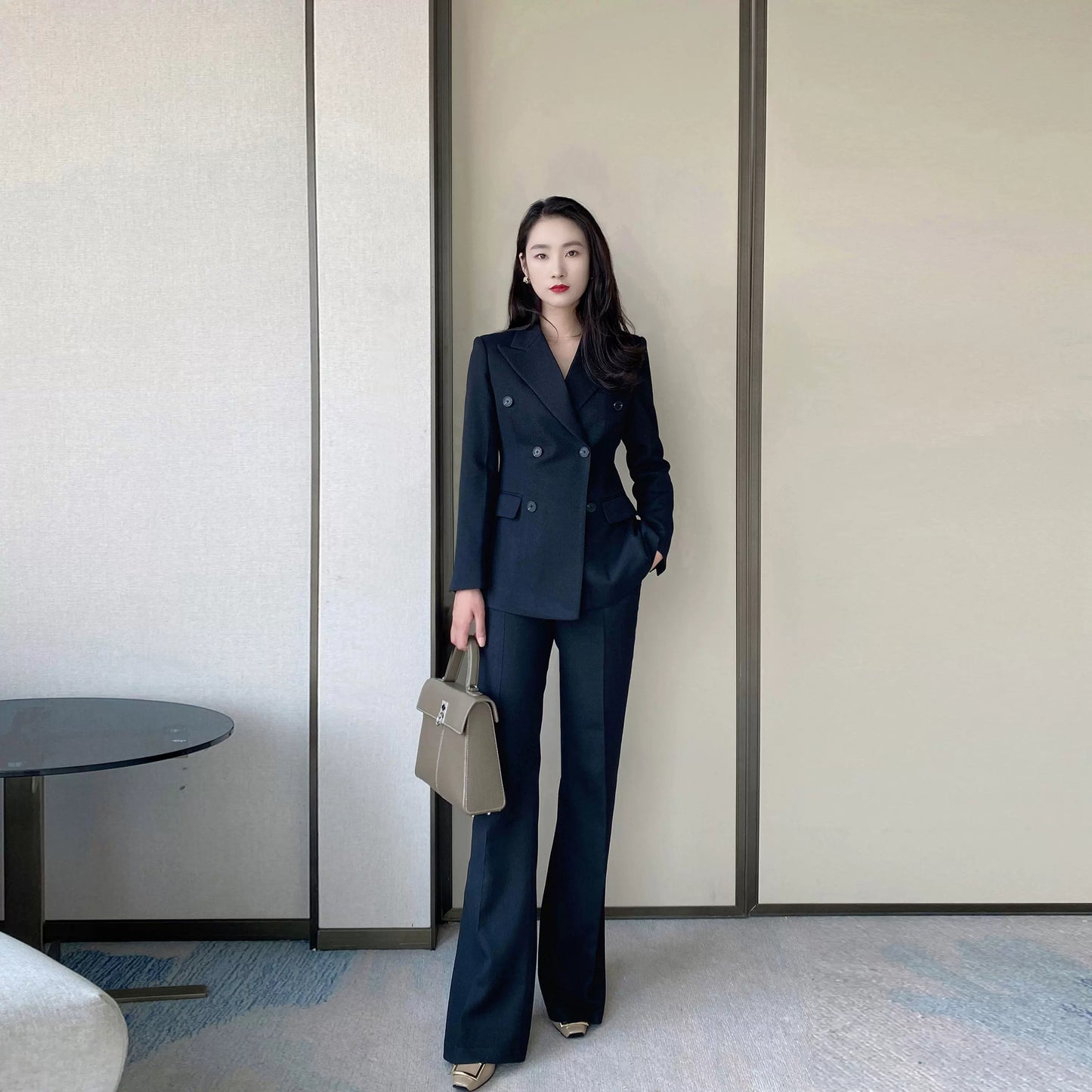 Elegant Black Woolen Winter Suit with Flared Trousers