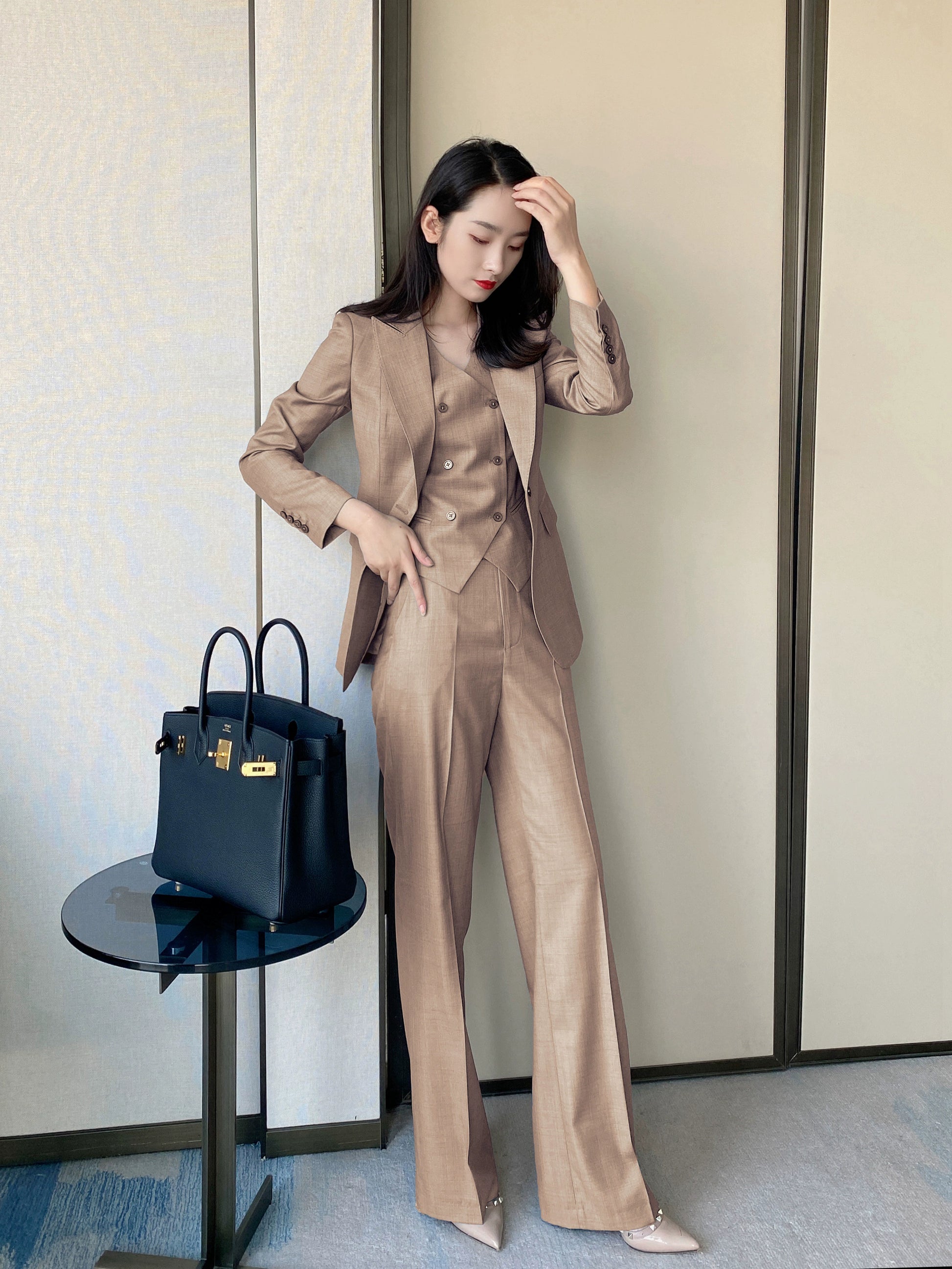 Coffee Color Classic 3-Piece Women's Suit Set Loose Straight Fit