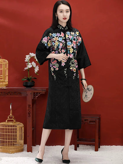 Custom Chinese Style Women's Mid-Length Coat with Hand‑Embroidered Button