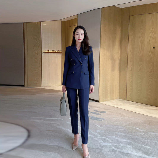 Navy Blue Autumn Fitted Classic Suit with Double-Breasted Jacket