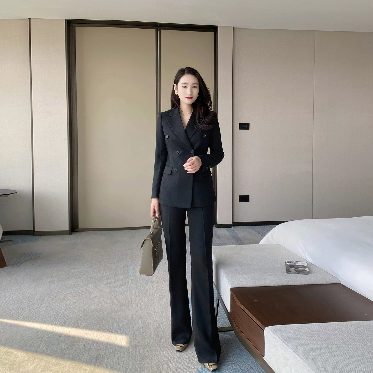 Elegant Black Woolen Winter Suit with Flared Trousers