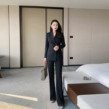 Elegant Black Woolen Winter Suit with Flared Trousers