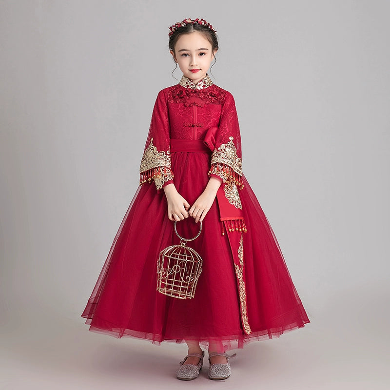 Elegant Burgundy Children's Hanfu: Traditional Chinese Style Long-Sleeve Elite Garment