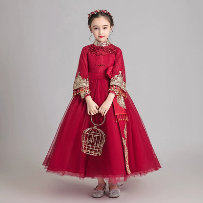 Elegant Burgundy Children's Hanfu: Traditional Chinese Style Long-Sleeve Elite Garment