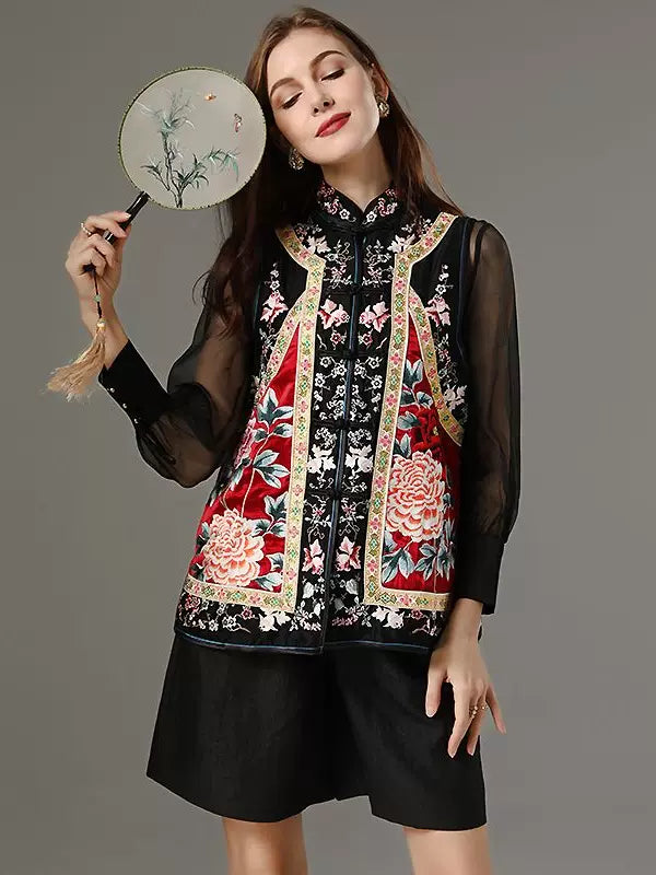Women's Spring Collared Vest Heavy Embroidery Acetate Satin